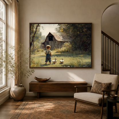 Framed farmhouse boy and ducks impressionist canvas wall art in bright entryway with staircase and console table