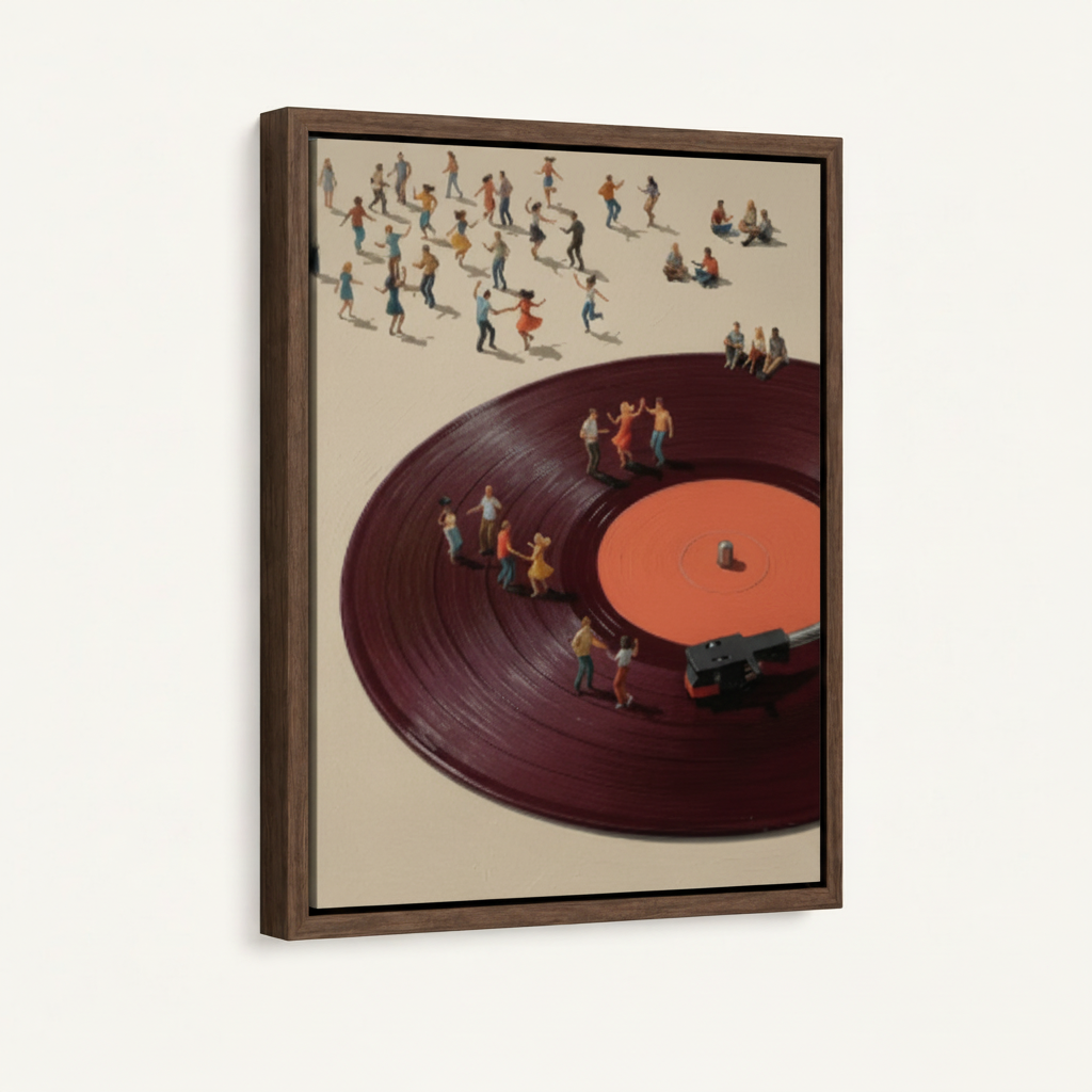 Float-framed vinyl record dance canvas shown at three-quarter angle on white background highlighting walnut frame edge