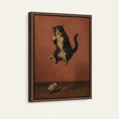 Jumping tuxedo cat oil painting in dark walnut float frame on white background