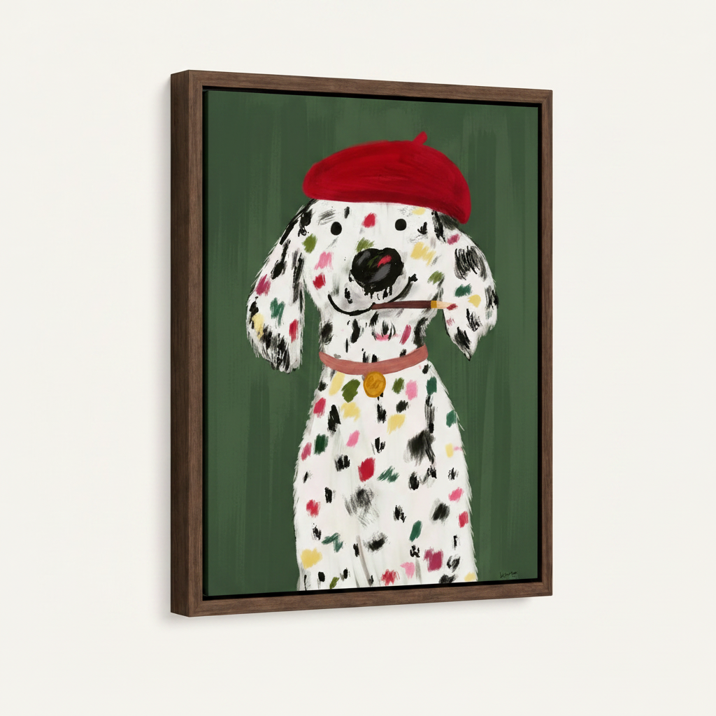 Framed Dalmatian dog wall art with dark walnut float frame on off-white background