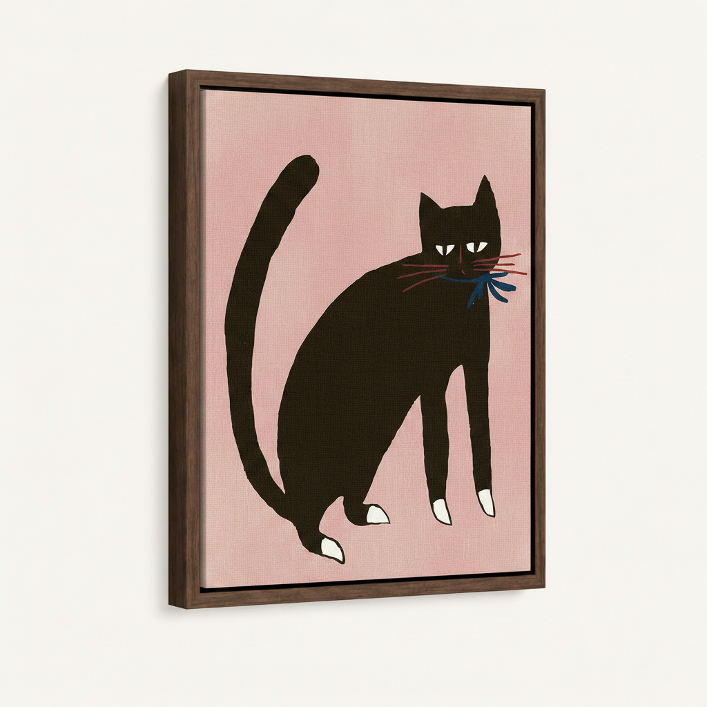 Black cat folk art print in dark walnut float frame, 3D product mockup on off-white background