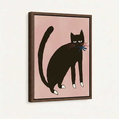 Black cat folk art print in dark walnut float frame, 3D product mockup on off-white background