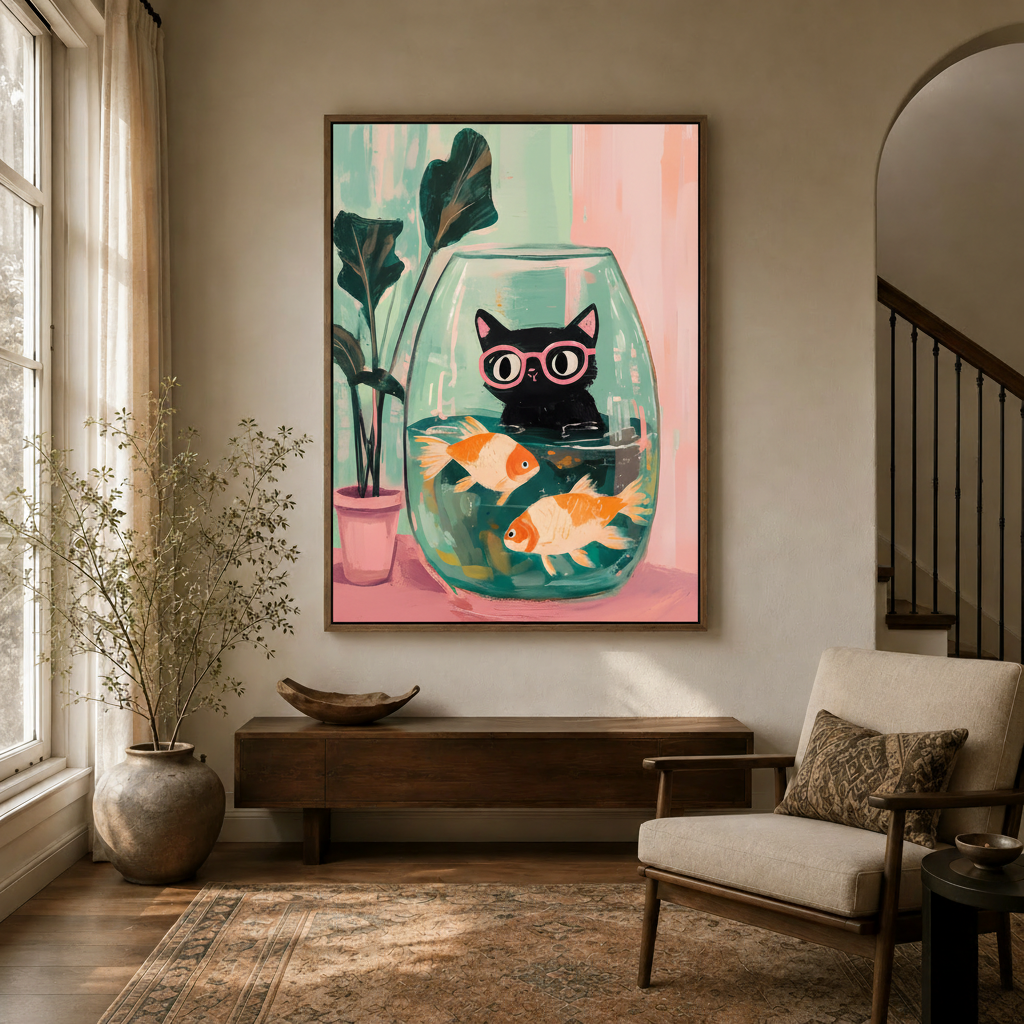 Whimsical black cat fishbowl wall art styled in an elegant entryway with arched doorway and warm lighting