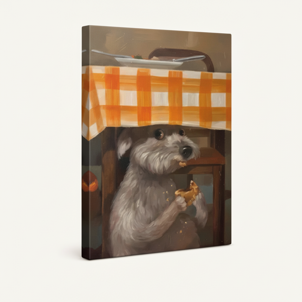 Gallery-wrapped funny schnauzer under tablecloth canvas print shown as standalone product on white background