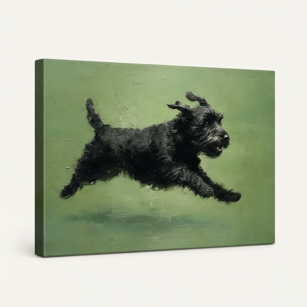 Gallery-wrapped canvas of running black Schnauzer dog art, frameless side angle product view