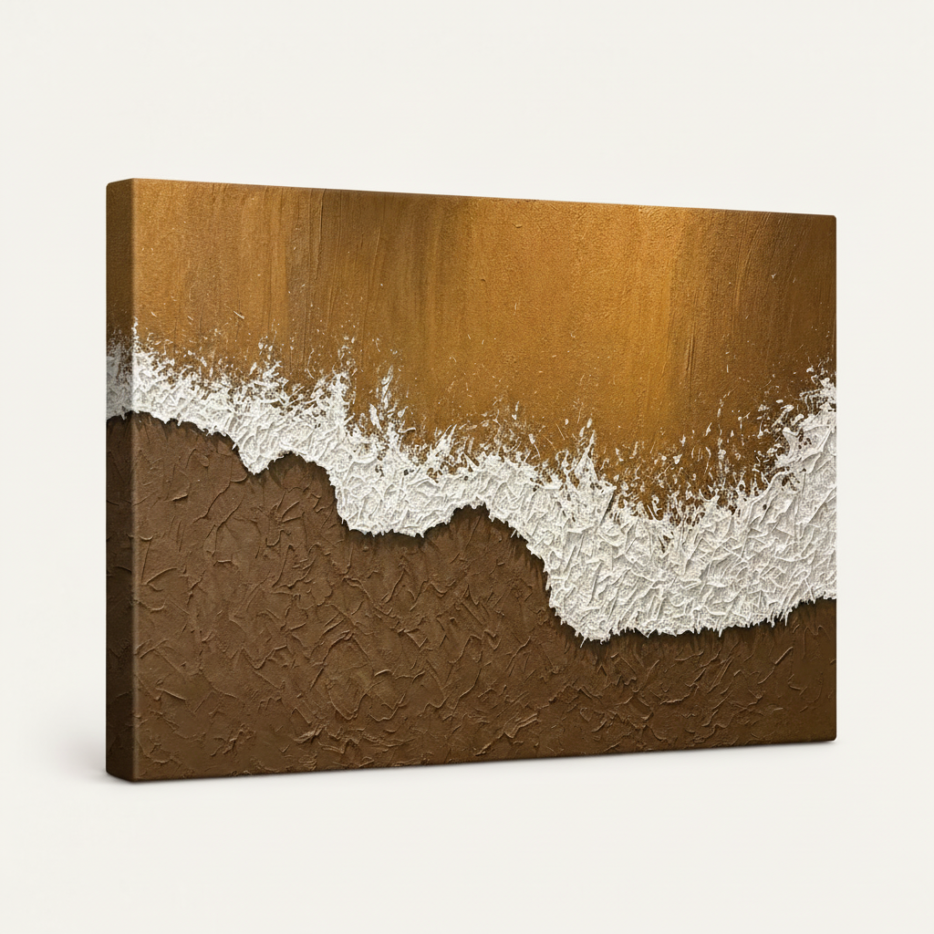 Impasto ocean wave gallery-wrapped canvas art angled side view on white seamless background