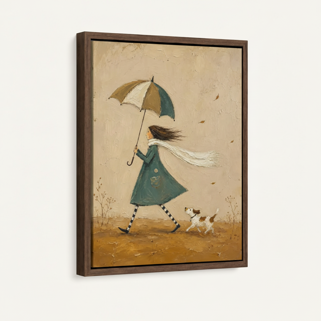 Framed girl and dog autumn walk print in walnut floating frame on off-white background
