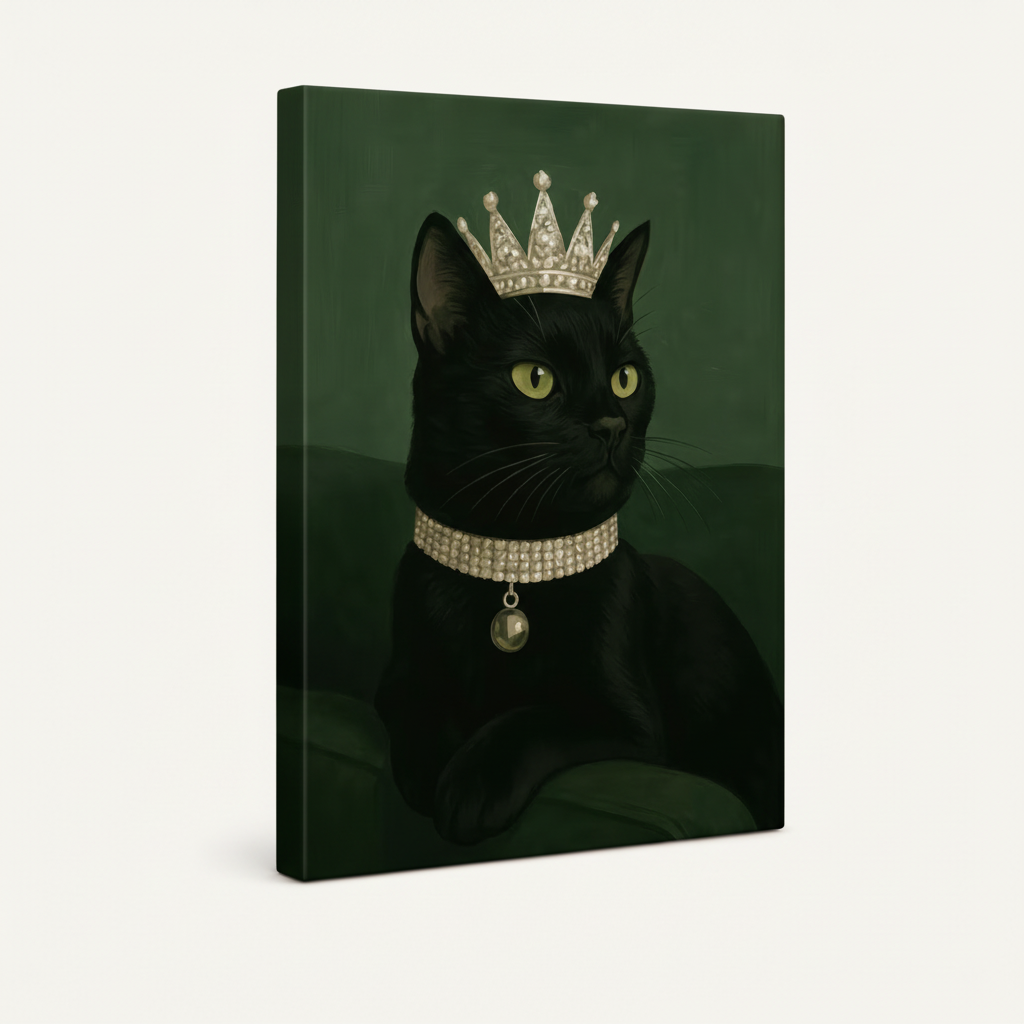 Gallery-wrapped royal black cat canvas showing deep green side depth, frameless portrait wall art view