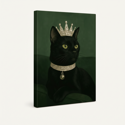 Gallery-wrapped royal black cat canvas showing deep green side depth, frameless portrait wall art view