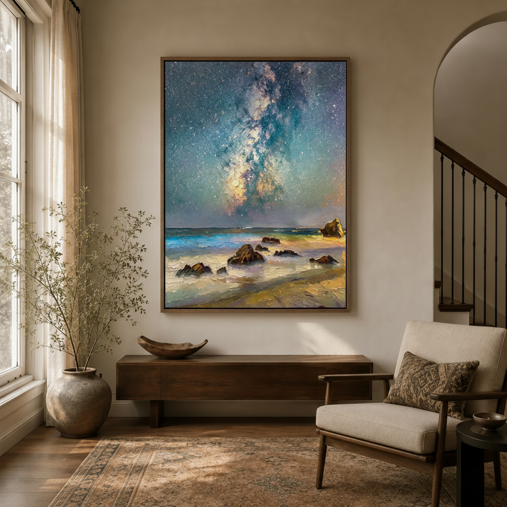 Milky Way beach canvas in walnut float frame displayed in entryway above console table