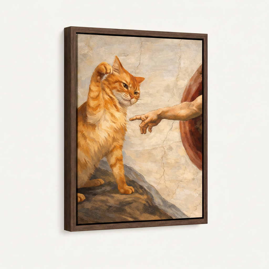 Framed Renaissance cat canvas print in dark walnut float frame, front-facing product display