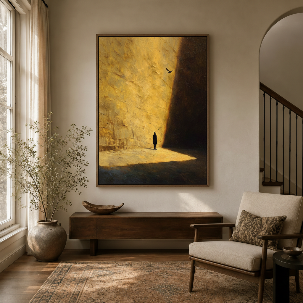 Golden cliff solitary figure canvas hung above console in bright entryway with Persian rug and arched doorway