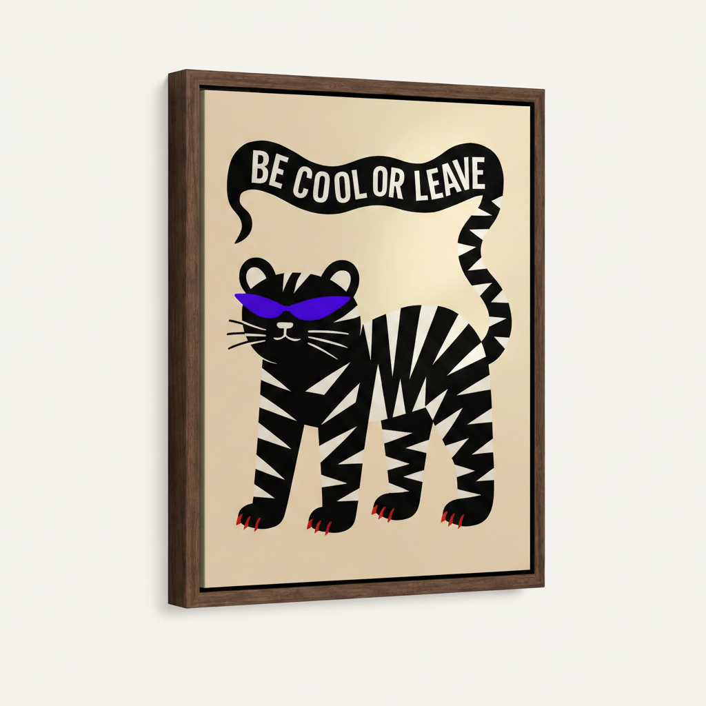 Tiger sunglasses poster art in dark walnut float frame displayed at angle on white background