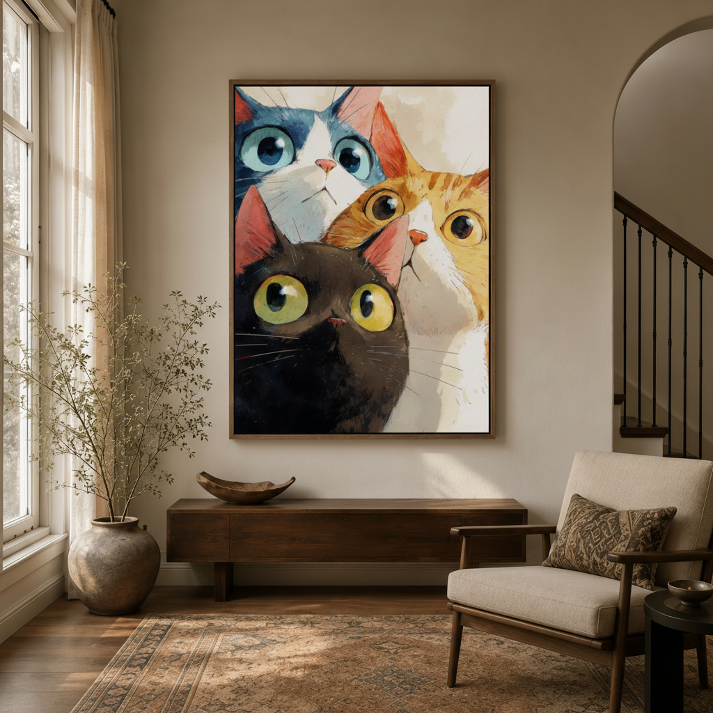 Large framed curious cats canvas art above a console table in a bright neutral entryway with natural light