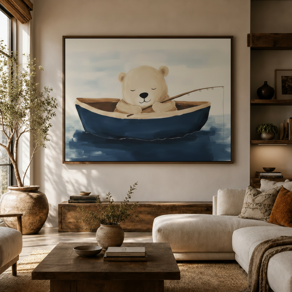 Cute bear fishing navy rowboat illustrated canvas wall art above console in bright Japandi living room