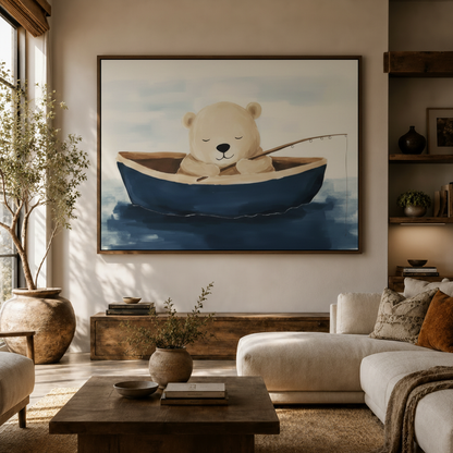 Cute bear fishing navy rowboat illustrated canvas wall art above console in bright Japandi living room
