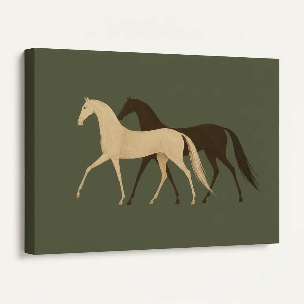 Gallery-wrapped two horses canvas print shown at angle revealing thick canvas sides on white background