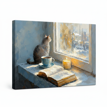 Gallery wrapped canvas art cat by window cozy impasto oil painting side view