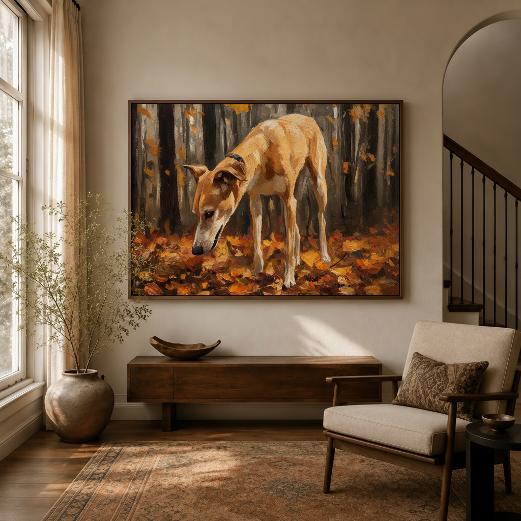 Framed greyhound autumn forest impressionist canvas wall art in bright entryway with staircase and console table