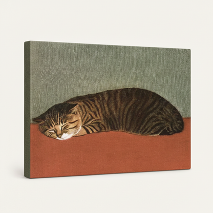 Gallery-wrapped canvas print of vintage loaf cat oil painting shown at side angle on clean white background