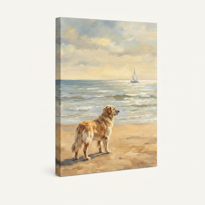 Gallery-wrapped coastal dog canvas showing golden retriever at ocean shore, angled side view on cream background