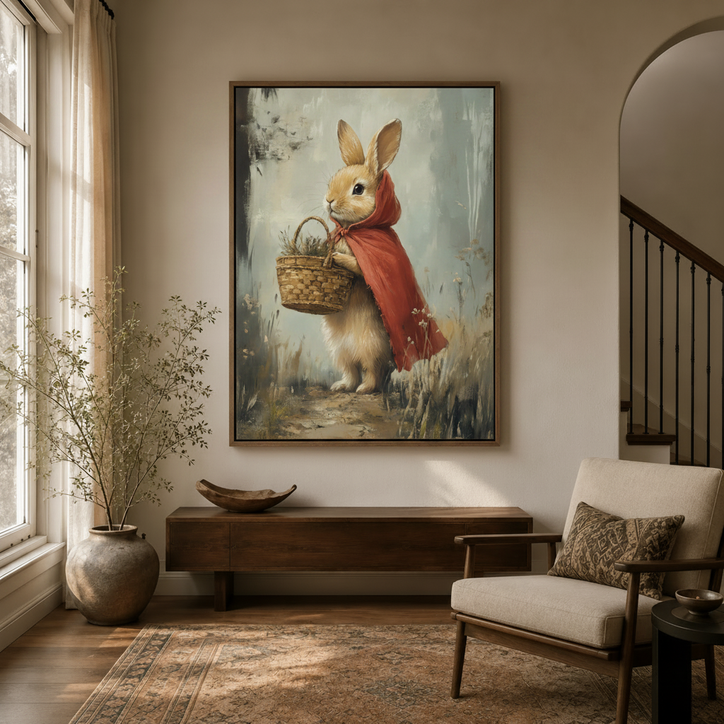 Storybook bunny in red cape carrying basket canvas displayed in bright entryway foyer with arched doorway