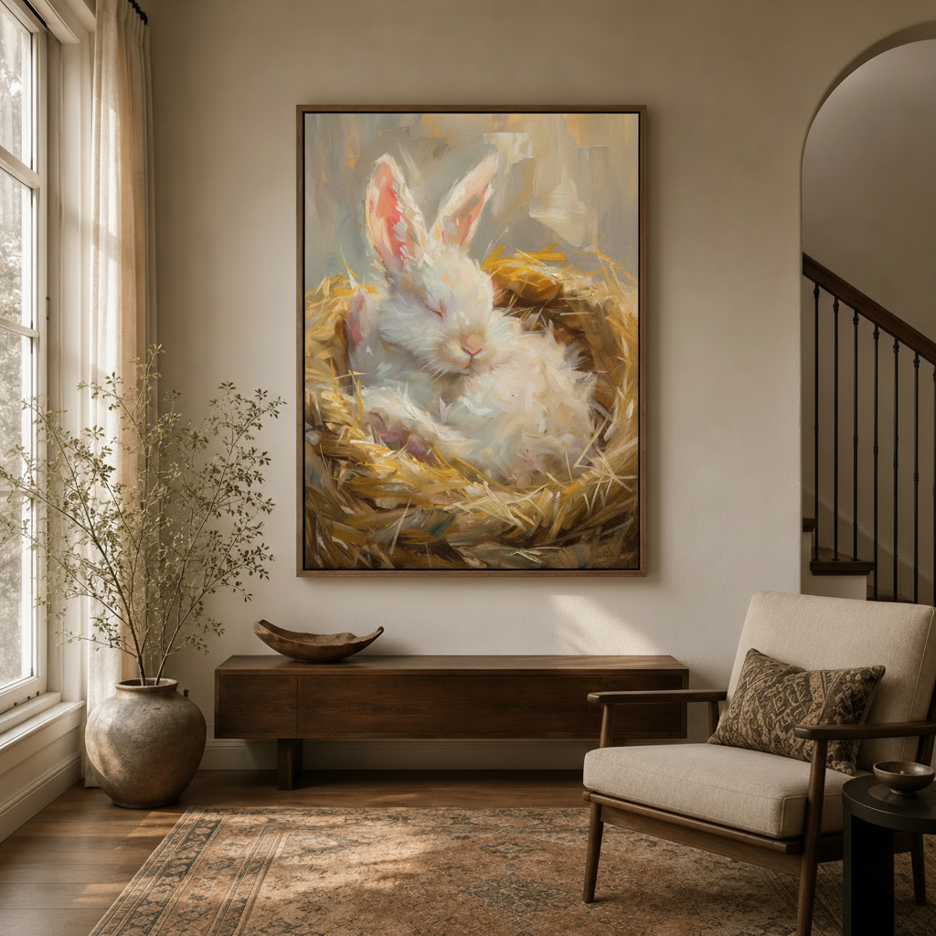 Painterly sleeping bunny canvas displayed in bright entryway foyer with arched doorway and armchair