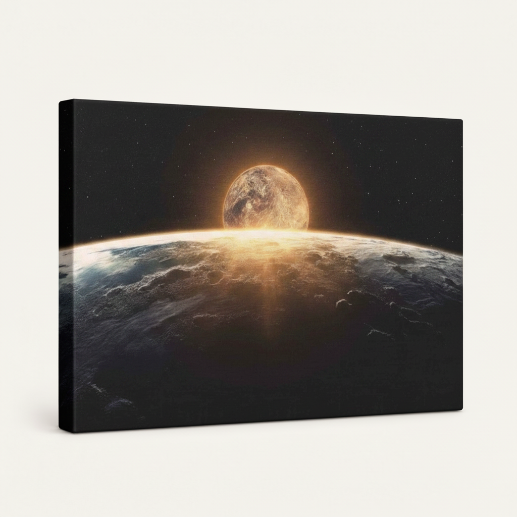 Gallery-wrapped canvas featuring dramatic deep space artwork with golden light and starry sky on a white background