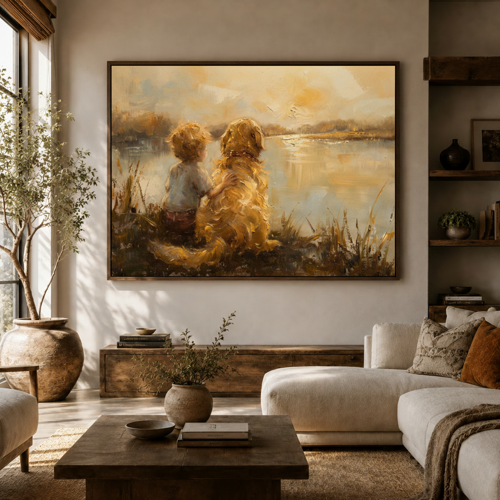 Child and golden retriever sunset lake canvas wall art above console in bright Japandi living room white sofa