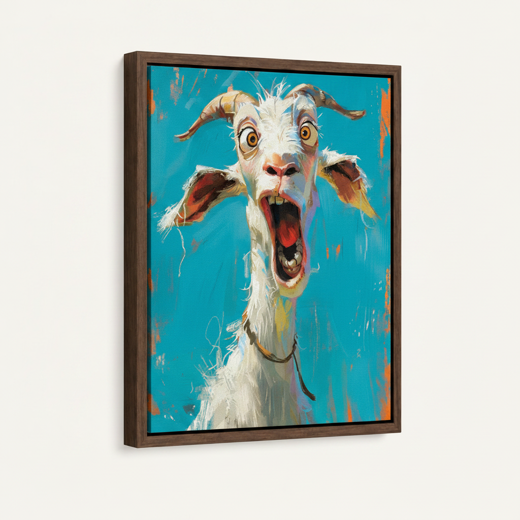 Funny goat expressionist painting in dark walnut float frame, white background product shot