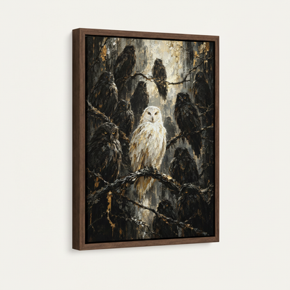 White owl among dark owls canvas in dark walnut float frame white background product photo