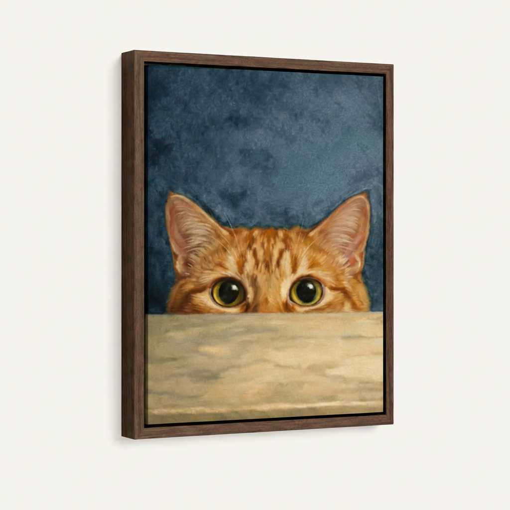 Framed canvas close-up of wide-eyed orange tabby cat peeking over a wooden ledge on slate blue background