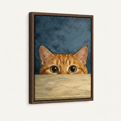 Framed canvas close-up of wide-eyed orange tabby cat peeking over a wooden ledge on slate blue background