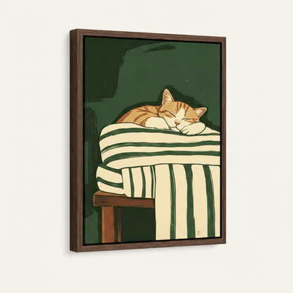 Walnut floating frame sleeping cat canvas art angled product shot on white background