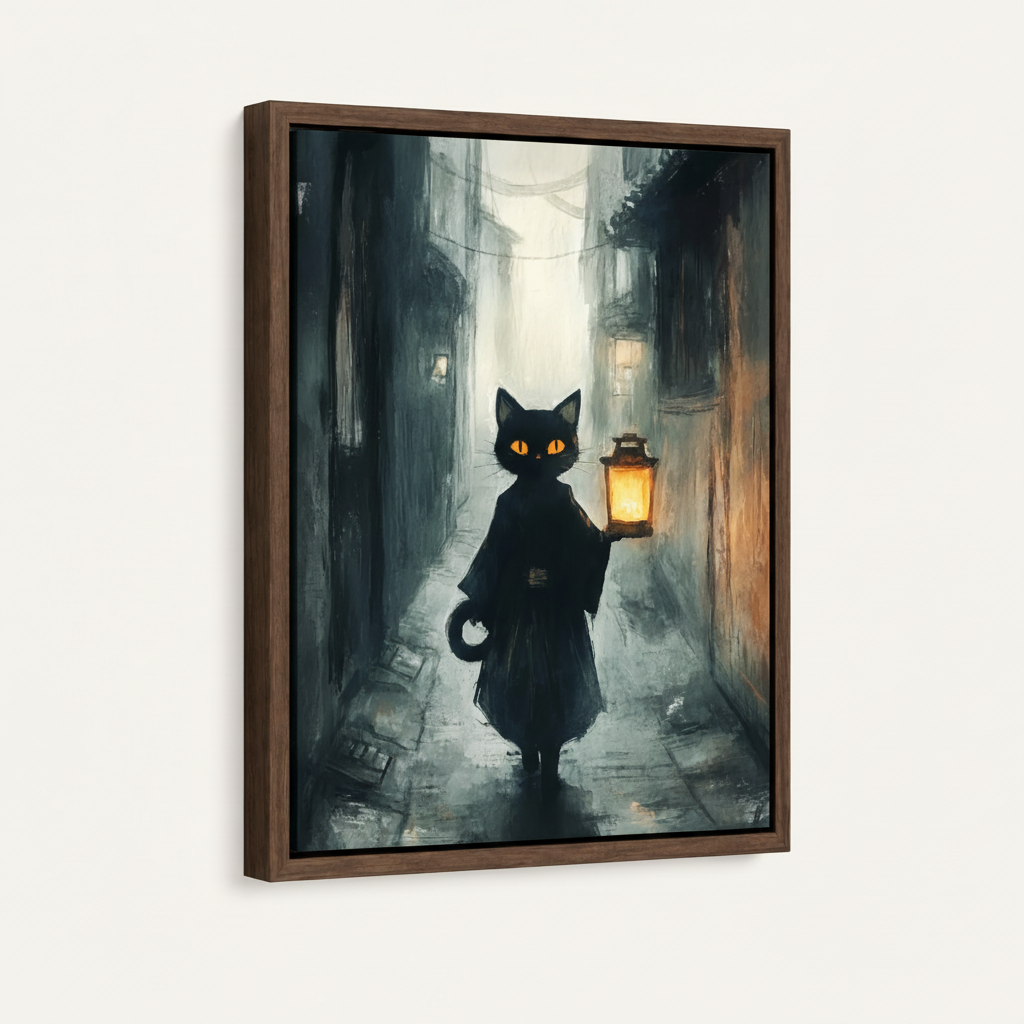 Framed black cat lantern fantasy canvas wall art in dark walnut float frame, 3D angled product view