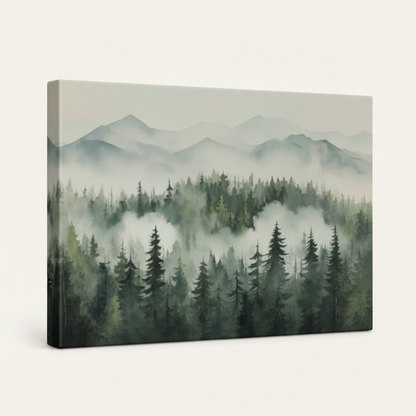 Gallery-wrapped canvas of watercolor pine forest and mountain mist, side wrap detail visible, off-white background