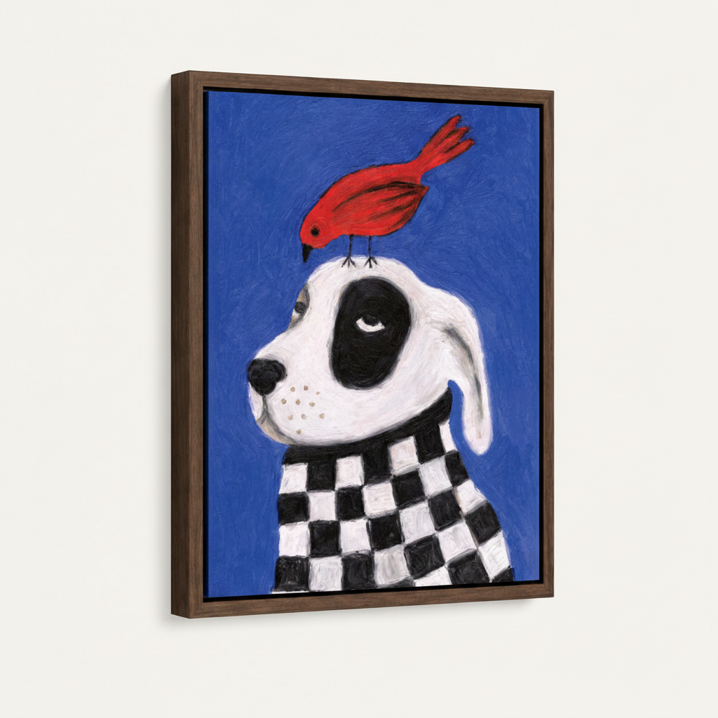 Dalmatian and red cardinal naive art print in dark walnut float frame on off-white wall, side angle