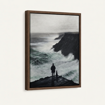 Framed canvas art print in dark walnut float frame, dramatic cliffside oil painting
