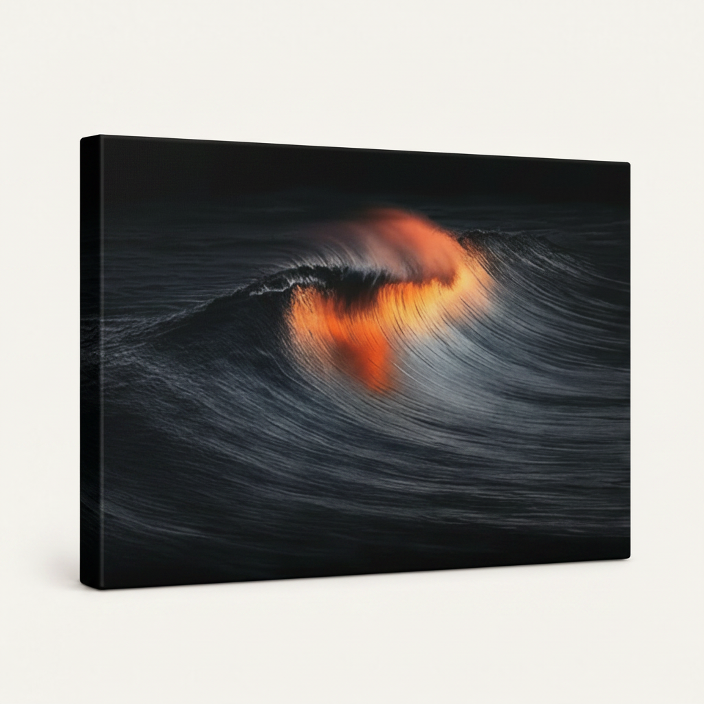 Gallery-wrapped ocean wave canvas wall art with glowing amber crest, side angle product view