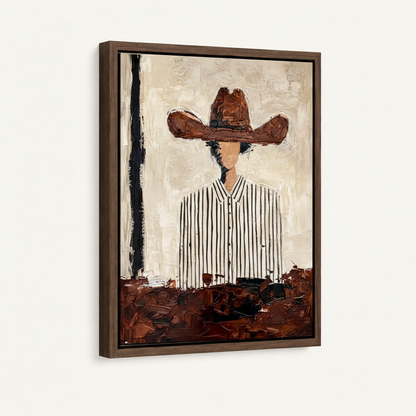 Angled view of framed impasto cowboy canvas with walnut float frame on white background