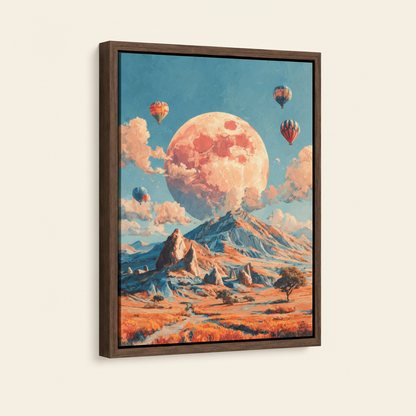 Framed hot air balloon full moon landscape canvas with dark walnut float frame on white