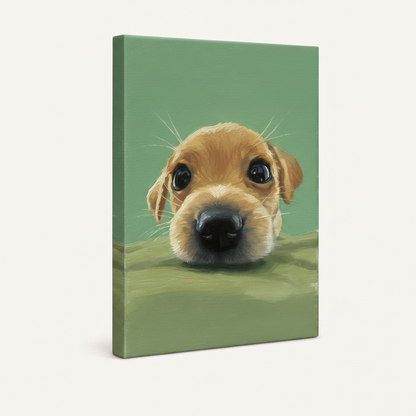 Gallery-wrapped puppy canvas print shown at angle, sage green background, no frame