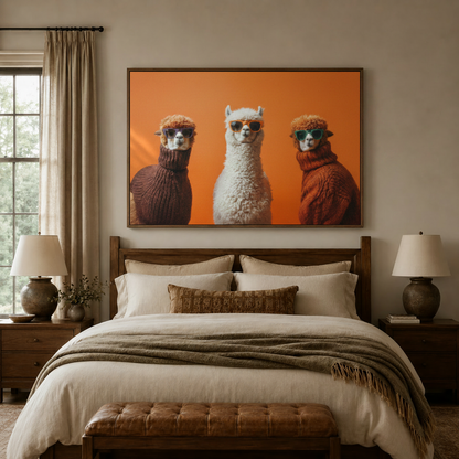 Funny alpaca wall art in dark walnut frame above bed in cozy neutral bedroom