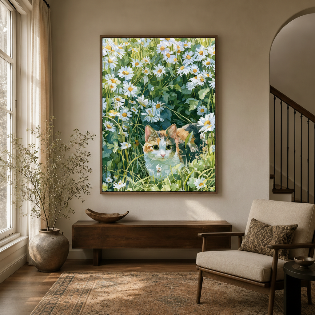 Calico cat in daisy field watercolor canvas displayed in bright entryway foyer with arched doorway