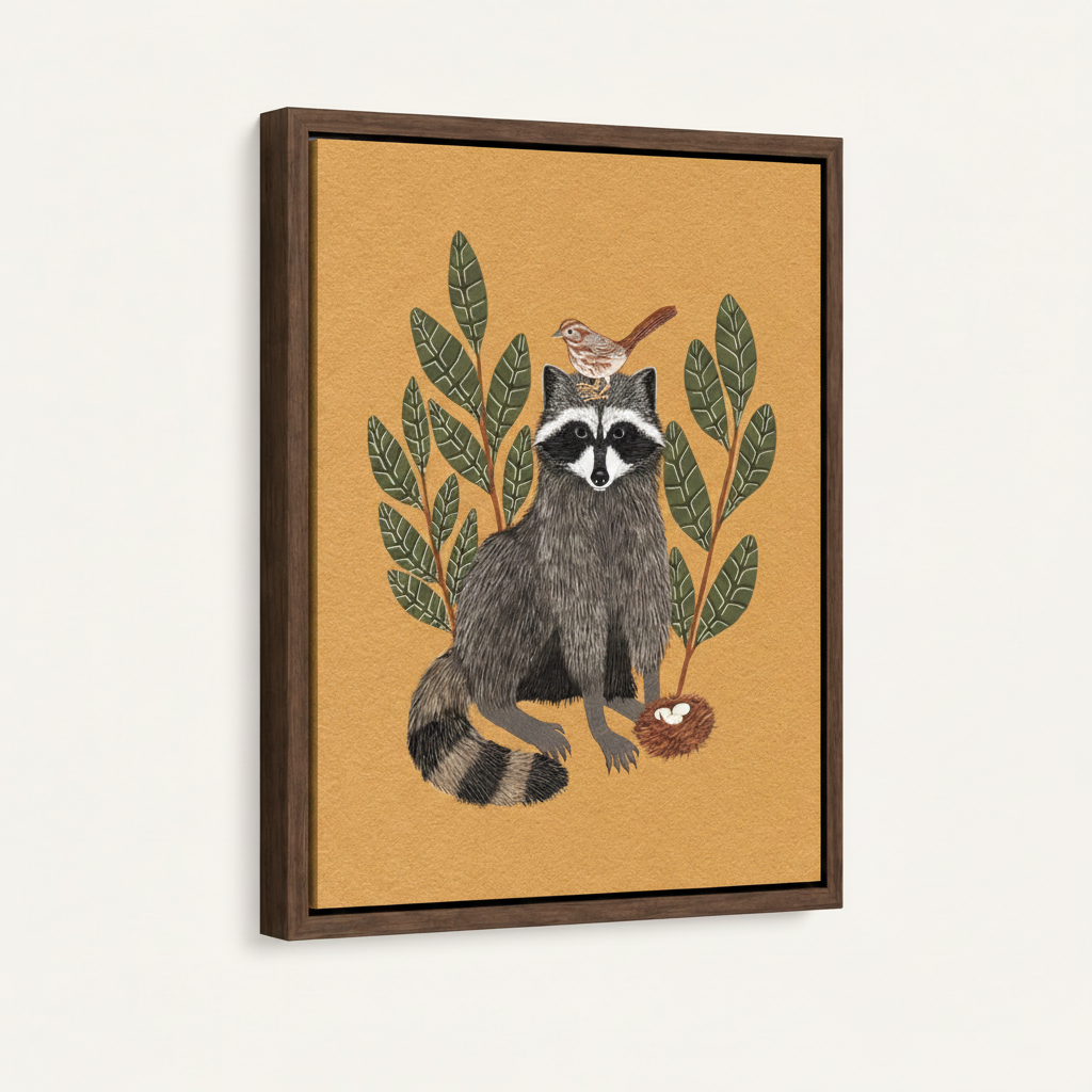 Framed raccoon woodland illustration canvas at 3/4 angle with dark walnut float frame on cream background