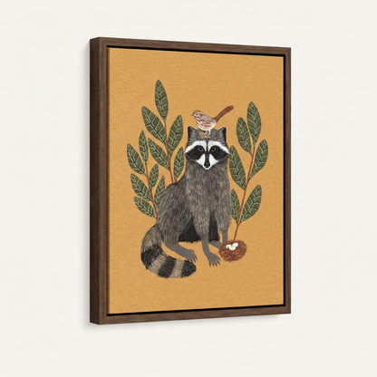 Framed raccoon woodland illustration canvas at 3/4 angle with dark walnut float frame on cream background