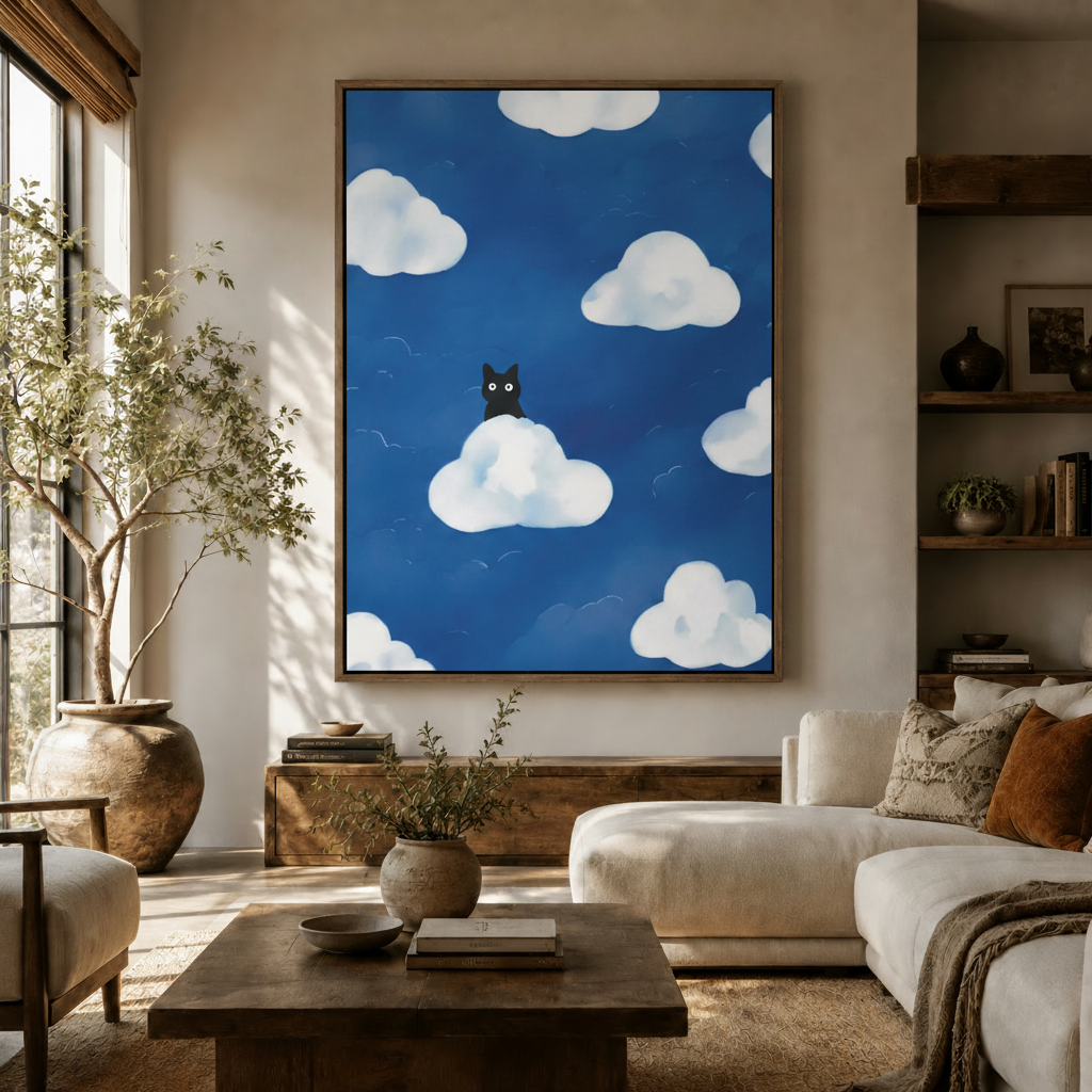 Whimsical black cat cloud sky canvas wall art above console in bright modern living room with olive tree and white sofa