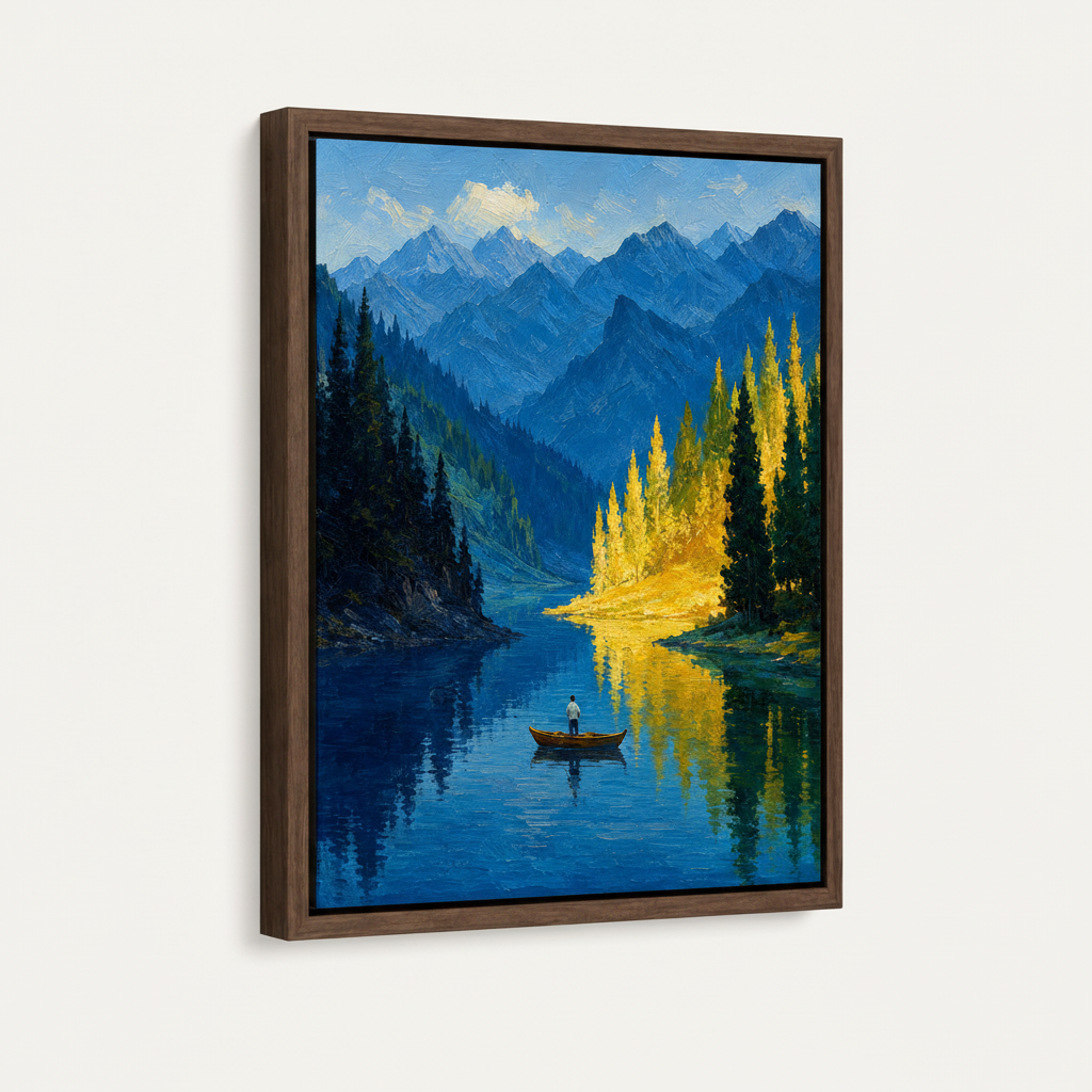 Walnut floating frame mountain lake oil painting canvas angled product shot on white background
