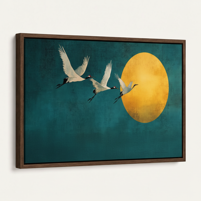 Three cranes and golden moon painting in dark walnut floating frame on warm off-white background