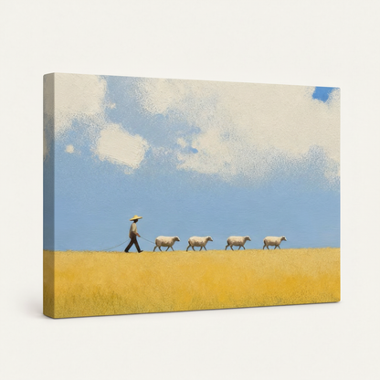 Gallery-wrapped pastoral sheep canvas wall art with a golden field and blue sky, shown at an angle.